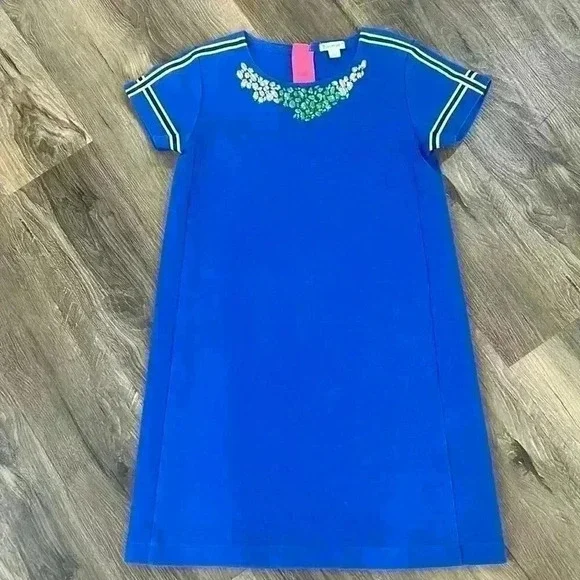 Crewcuts | Jewel Neck T-Shirt Dress Size 14 Girls. Blue w/Clear&Green Jewels - Picture 1 of 8